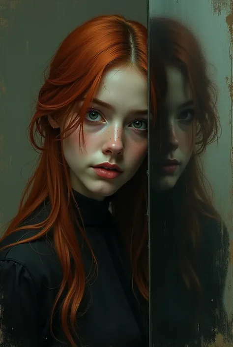  1 girl, langes Haar, damaged,  red hair , Mirror image with dandy in front of the face 