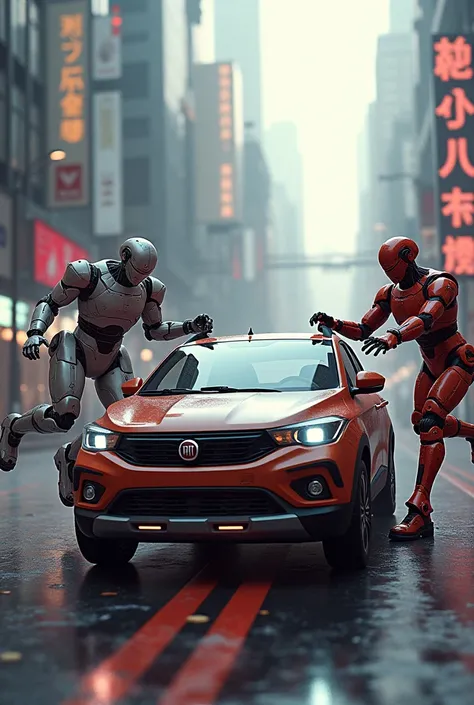 Fiat Palio fire Walking on the street with robots on the street 