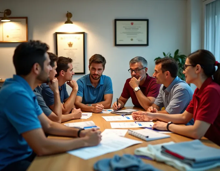 From friends  (men and women)  Talking at a polo shirt textile company about their performance, they are workers 