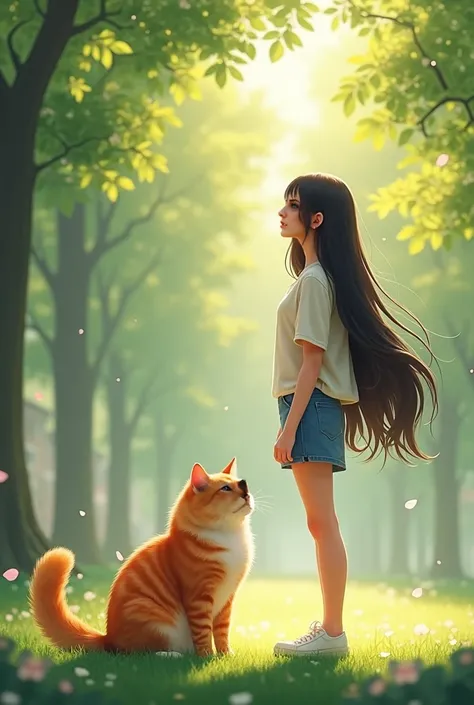 A young Asian woman with long dark hair ,   standing next to a large orange tabby cat in a sunny park during the day .