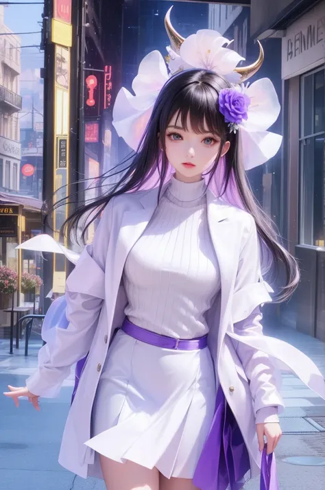 masterpiece,  The quality is the best,  high res, HMSL1, Horned headdress, hair flower, x Hair accessories, White sweater, Purple Jacket, flower, Long sleeve, Open clothes,  black bow,  ridiculous results , skirt, Cowboy Shooting, Outdoors, street, Standin...