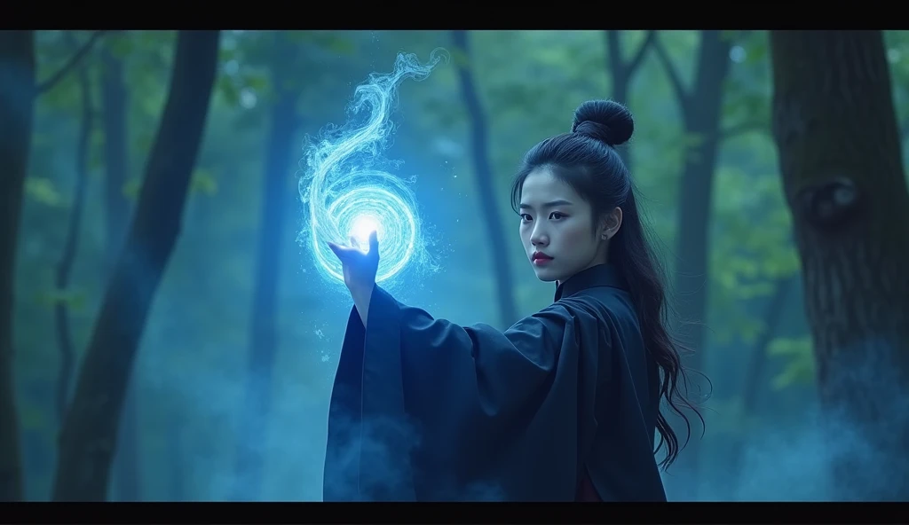 (panoramic), ( Movie Photos), (artwork), (masterpiece), ( The quality is the best), Raw, 8K, masterpiece, photography, blue Hanfu,  Extremely sharp focus , Intricate details,  A beautiful woman dressed in black was unleashing an extremely powerful finger, ...