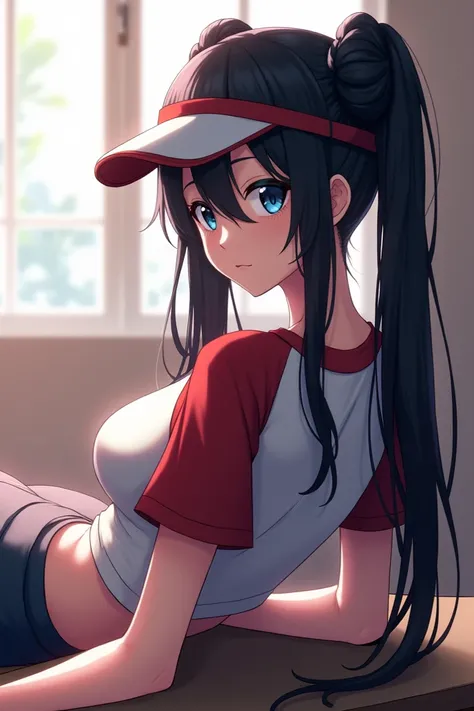 concept art, digital art, illustration, inspired by wlop style, 8k, fine details, sharp, very detailed, high resolution, skinny, black-hair straight hair an anime girl laying on top of a table with her back towards the camera, 1girl, rosa (pokemon), visor ...