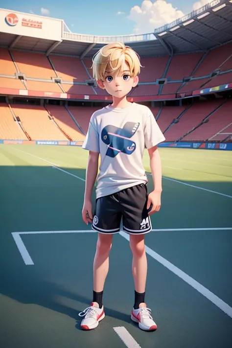  A young boy standing in front of a large soccer field, disney pixar, black and blue t-shirt , white shorts, black sneakers,  Looking at the camera, Blonde hair tips