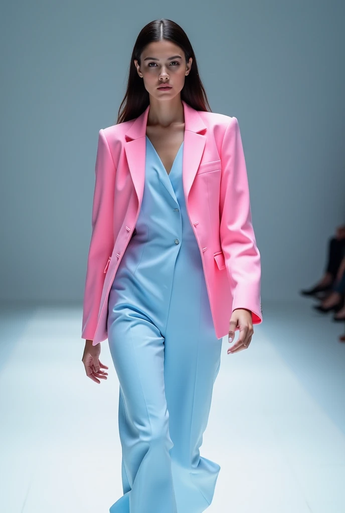 Pink blazer with light blue jumpsuit 

