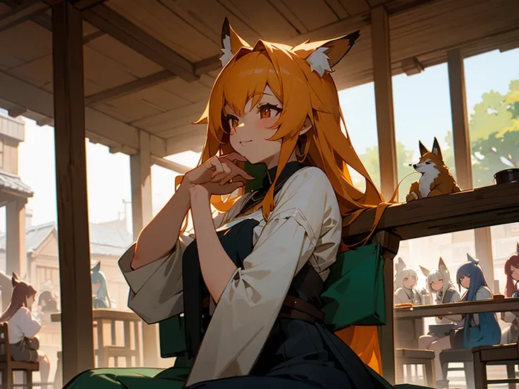 many foxgirls seated at a tavern 