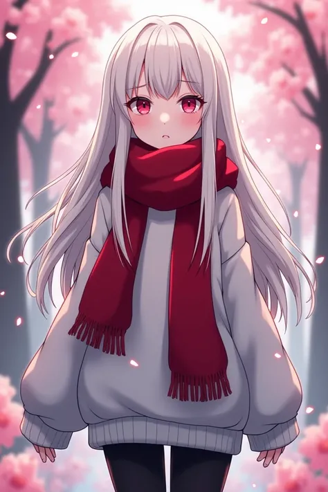 Anime character, white dreads, front bangs up, side hair down, red striking eyes, pale skin, eyelashes, white sweater, red scarf, black pants, cherry blossom trees