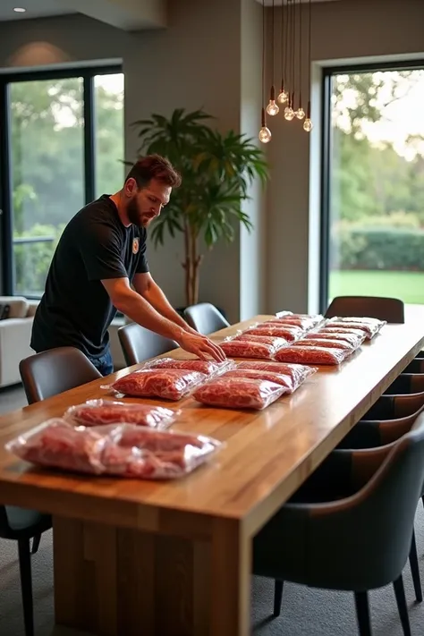 Messi places the bags with the pieces of meat on his table at home " Messi is organizing pieces of meat on a large wooden table , in the center of a modern dining room . around,  there are sophisticated chairs and large windows that let in natural light."