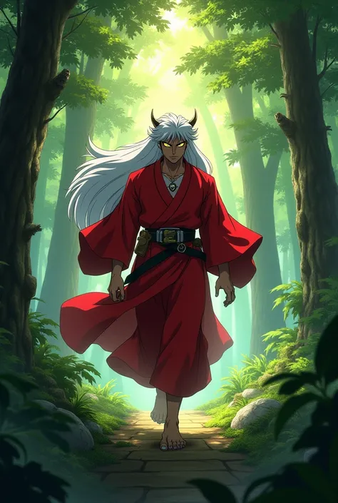 Inuyasha is a man wearing a red robe walking in the forest 