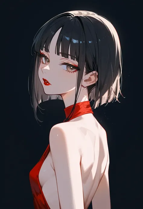 Artwork, Back view, Single woman, Backless dress, White, Alone, Dark black hair, Short blunt bangs, Long parted bangs, Light brown eyes, Half-closed eyes, Parted lips, Expressionless, Fair complexion, Small breasts, Upper body, Blunt bangs, With mole under...