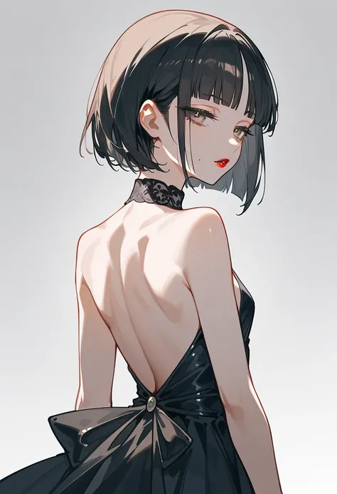 Artwork, Back view, Single woman, Backless dress, White, Alone, Dark black hair, Short blunt bangs, Long parted bangs, Light brown eyes, Half-closed eyes, Parted lips, Expressionless, Fair complexion, Small breasts, Upper body, Blunt bangs, With mole under...