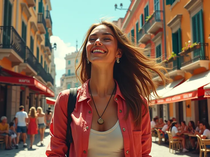  Modern image of a young woman in Italy, enjoying the European experience .