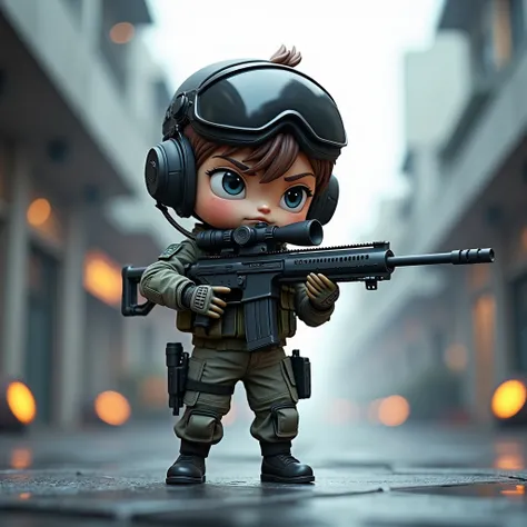 Military man with sniper in hand with 3D chibi style urban tactical equipment