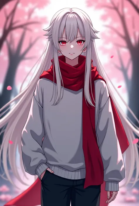 Anime character, white dreads, front bangs up, side hair down, red striking eyes, pale skin, eyelashes, white sweater, red scarf, black pants, cherry blossom trees, male