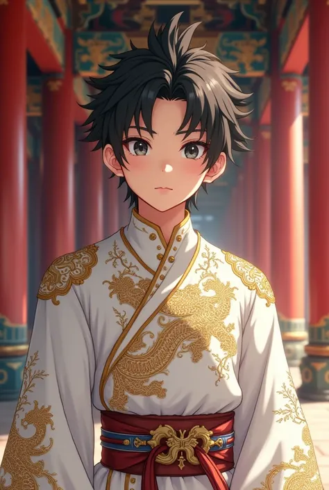 Anime images, . A sharp high-resolution image shows an 18-year-old Chinese teenage male with spiked hair in a white antique imperial robe with gold patterns, beautifully embellished with golden dragon details..  The background consists of spectacular ancie...