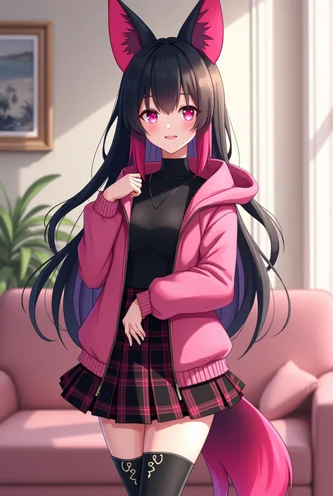  Woman with long black hair with pink highlights , pink fox ears,  pink fox tail and pink eyes . She wears a black top,  combined with a pink jacket ,  black and pink plaid skirt and high heel boots, Gloss Accessories. in a living room, Smile expression . ...