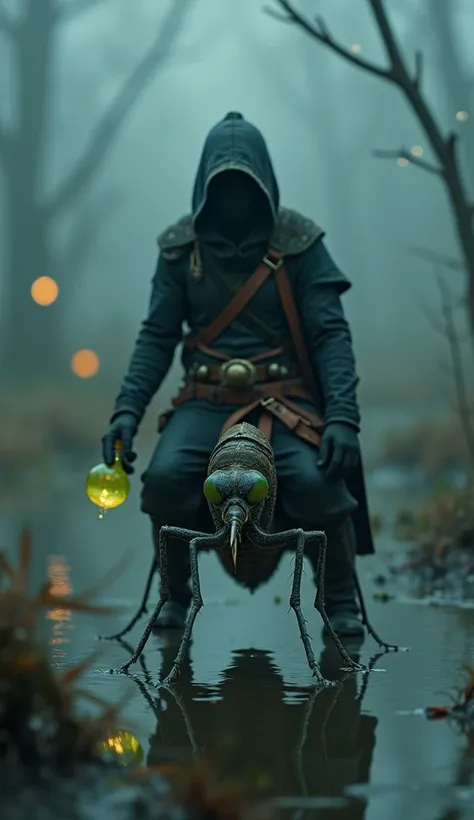 Macro photograph of a stealthy rogue wearing a hooded cloak and a leather belt filled with miniature throwing daggers, riding on a slender mosquito. The rogue clutches a glowing vial of green poison in one hand, while the mosquito’s delicate legs and sharp...