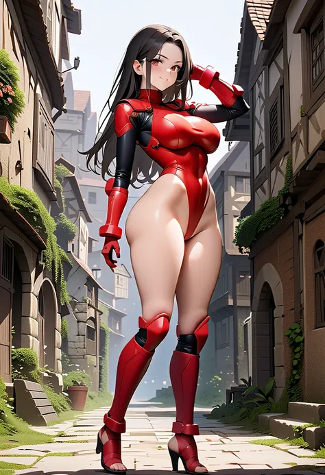 ((masterpiece)),((( best quality))),(( character design sheet)),(( full body view)),  beautiful girl,  Stunning Proportions 、One woman has a perfect figure , Cammy.　 Hi-leg leotard、 pilot suit in the ruins of the city、Bare legs, Fortified Suit, female anim...