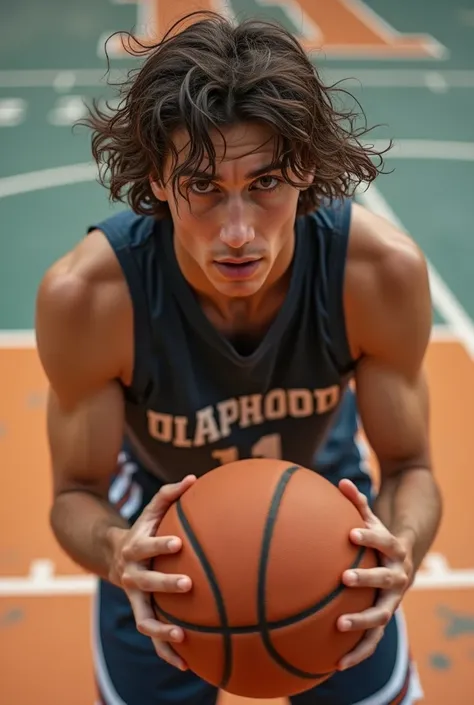  19-year-old boy with an athletic build,  medium-long wavy and disheveled hair ,  with a basketball in his hands . The photo was taken on basketball court number 11