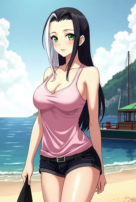 25-year-old adult woman has black-white hair and green eyes with big breasts wearing a tight pink sleeveless shirt and short black shorts fitted against a boat docked on an anime-style beach