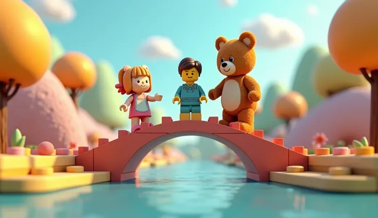  1 teddy bear , 1 doll ,  1 person made of lego standing at the top of a bridge over a river, 3d chibi animation style