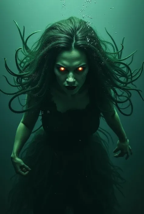 a picture of a sea witch,  long green hair , bad, villain, Shes Coming for You, up close, dark ocean,( underwater:1.1), Raio, Bright Eyes,   wearing a dress made of seaweed , Tentacles, dust, (up close:1.3)