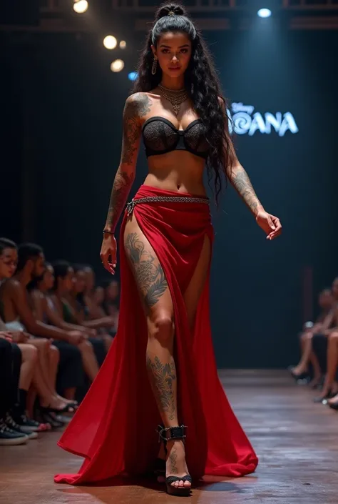 beautiful face hot slim body disney  Moana long curly hair ponytail, tattooed body long tattooed legs hot figure in red  high slit knot long skirt black bra and heels doing poses in the night fashion show