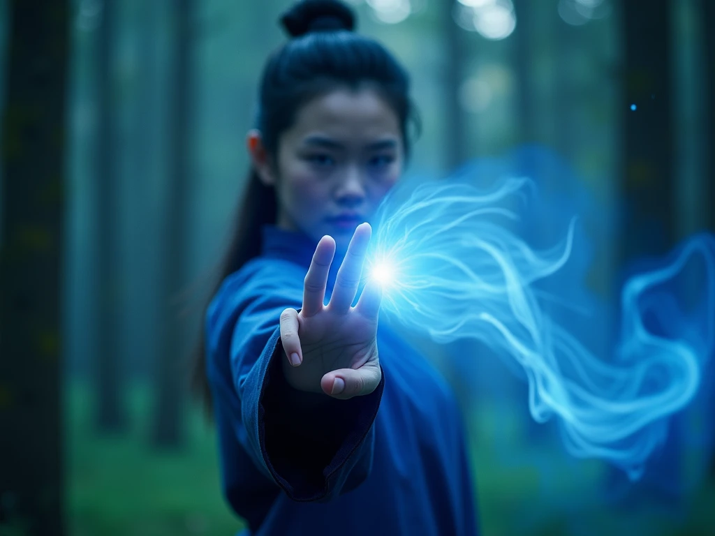 (panoramic), (  Movie Photos), (artwork), (masterpiece), (  The quality is the best), Raw, 8K, masterpiece, photography, blue Hanfu,   Extremely sharp focus  , Intricate details,   A beautiful black woman is releasing an extremely powerful finger,  A trans...