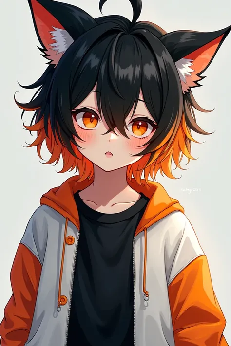  Shoulder-length boy with orange hair with black tips , wears fox tail earrings ,  eyes hidden under his long bangs and a black t-shirt with a white jacket with orange around his elbows.