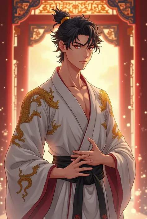 Anime images, The high-resolution image shows an 18-year-old Chinese teenage male, a rugged sportsman, with his hair curled up with spiked hair, in a white antique imperial robe with a gold pattern, beautifully embellished with gold dragon details..  The b...