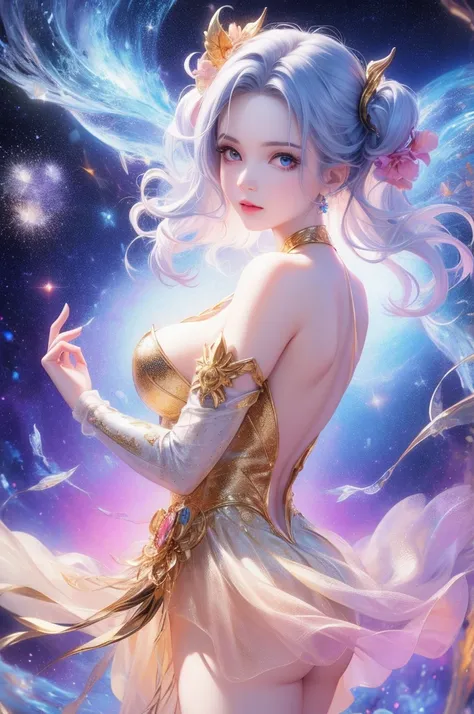 high detail,  super detailed , super high resolution, Girl enjoying time in fantasy galaxy, Surrounded by stars, The warm light shines on her, The background is a starry sky full of colorful galaxies and nebulae, The stars are flying around her,  exquisite...