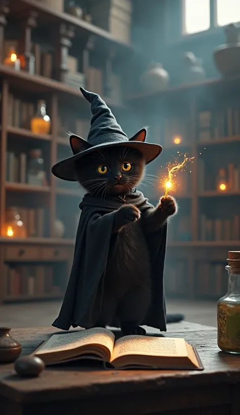 It stands on its two front legs.

A small black kitten stands in the center of a magical classroom, dressed in a long black cloak with a pointed wizard hat tilted slightly forward. In one paw, it holds a glowing wand, while an open spellbook with floating ...