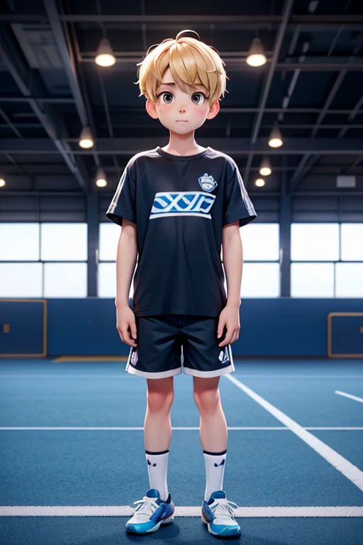  A young boy standing in front of a large soccer field, disney pixar, striped t-shirt with the colors black and dark blue, white shorts, black sneakers,  Looking at the camera, Blonde hair tips