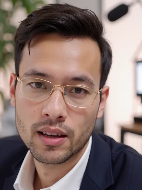 A 30 year old is sitting in a YouTube studio with SAMIR.Tech written in the background behind him and a microphone and camera and laptop in front of him looking at the camera and trying to say something.