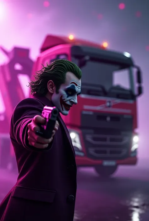 Volvo FH with tow truck from side to side with purple background and the Joker with gun in front truck farther
