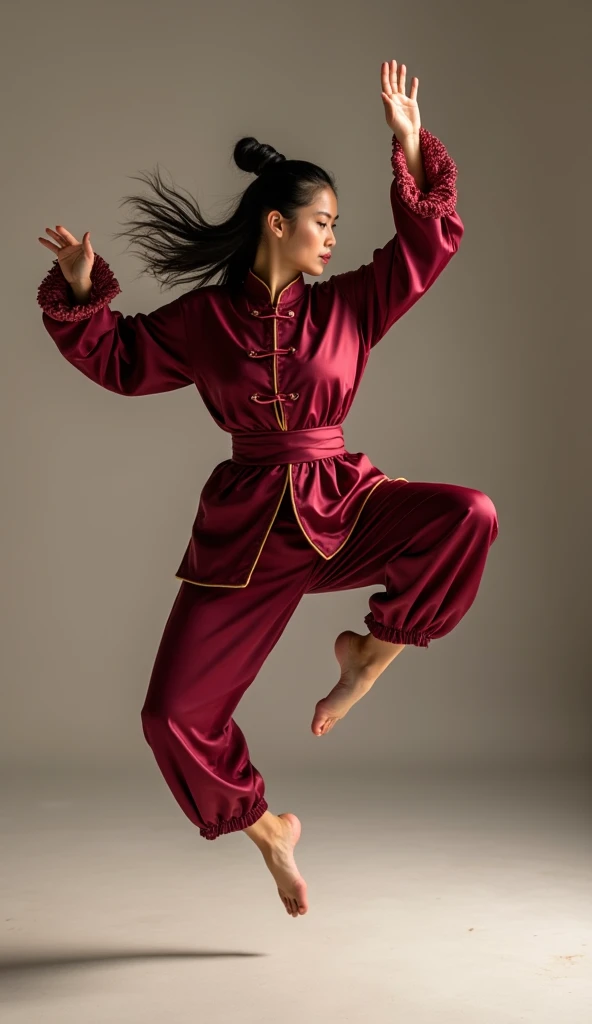 Martial arts world background , Wearing a burgundy costume，Jump off the ground with both feet， She performed a wonderful backkick in a dynamic position, soar in the air，High-speed motion creates illusions，  young beauty Dayan with dark hair， Military gemal...