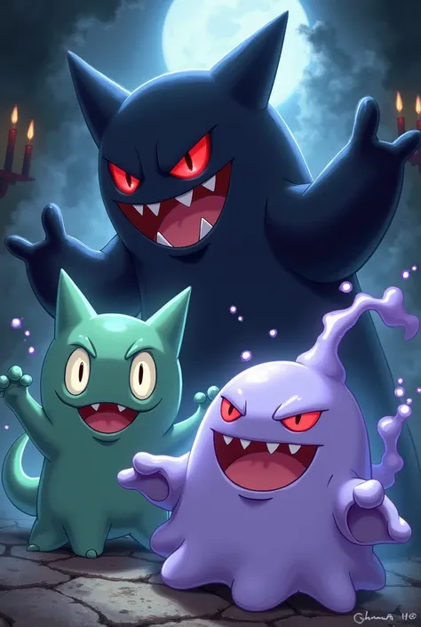 I need an image of Gengar, Haunter and Gastly with the classic anime or manga design