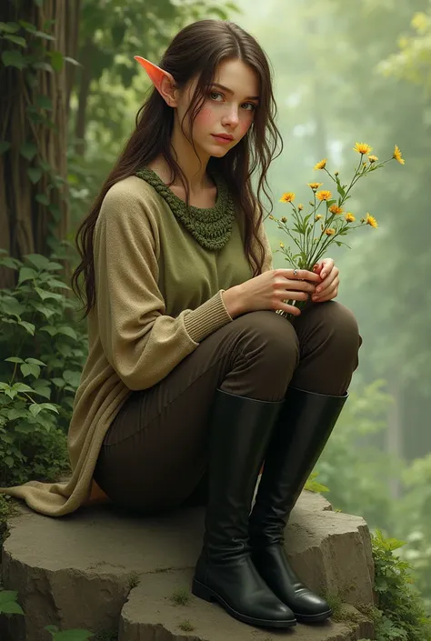 Femme elfe, elle a les cheveux brun pâle, elle a des yeux bruns, elle porte un chandail très court de couleurs  brun-vert et il est usé, elle porte un pantalon brun foncé, elle porte des longues bottes noir, elle a des tâches de rousseurs sur le visage, el...