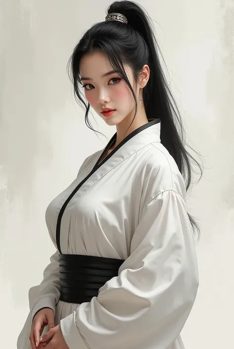 . It is a fictional image of a beautiful 30-year-old woman who is about 180 cm tall with a large cup the size of a breast close to G .  that has a hint of bright white skin, black hair tied in a ponytail, black eyes, and a mature body wearing white combat ...