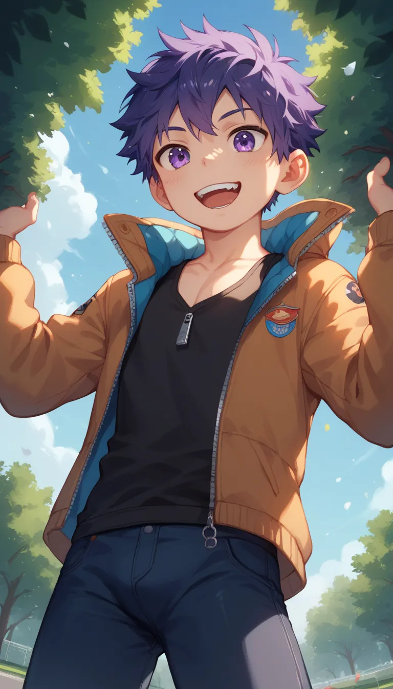 a handsome cute little young boy 3yr,cool,messy short purple hair and purple eyes,wearing black singlet and leather jacket along...