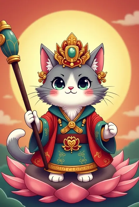 A cute gray and white cat with determined eyes, wearing Ksitigarbha Bodhisattvas headdress and costume, waving a staff in his hand, with lotus seat in the background, war style, cute cartoon style, bright tones