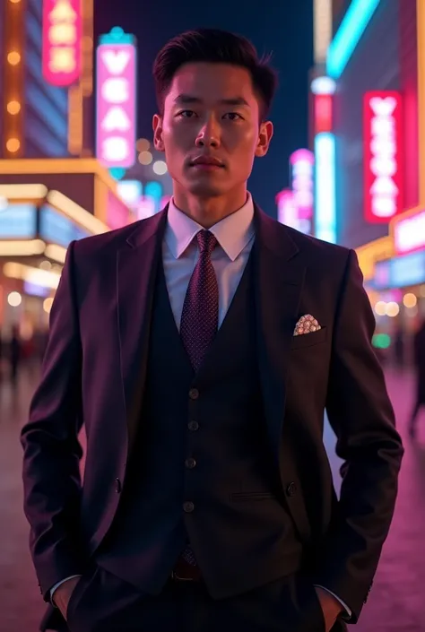  Create a good-looking Chinese man with a very elegant suit . In the background of the image place the name  "Vegas" 