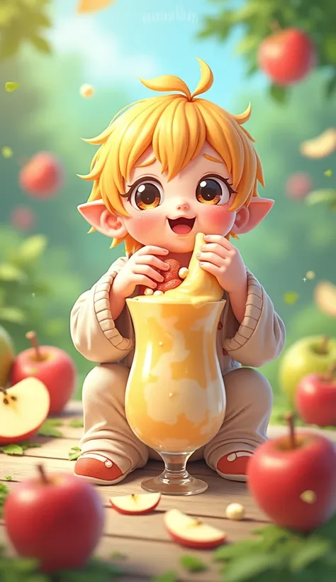 Images of ren enjoying Yogu Yogu with fresh apple elements.