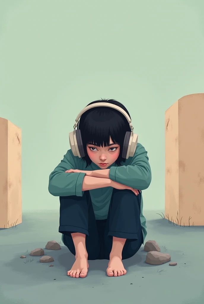 A photo of someone sitting with headphones in a melancholic environment, an image that has minimalist art and that is somewhat more cartoonish, And simple, without many details 