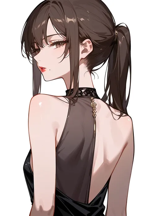 Artwork, Back view, Single woman, Black nude shiny dress, Small back slit, Alone, Dark brown hair, Long hair, Down ponytail, Long bangs parted on both sides, Dark brown eyes, Half closed eyes, Light eye shadow, Parted lips, Lipstick, Expressionless, Light ...