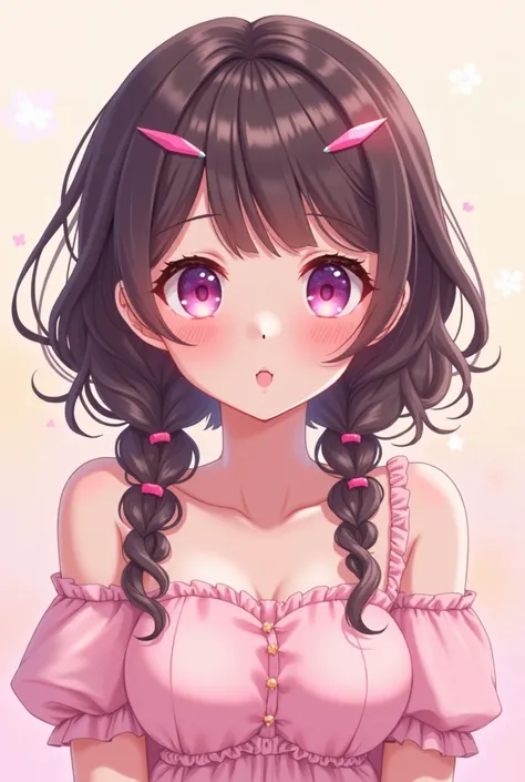 anime girl 2d, brow curlied hair with low pigtails, pink hairclips, moe eyes, bright black, cloth is hime lolita fashion pink and not very puffy, she has gentle pink makeup, she is gently smiling