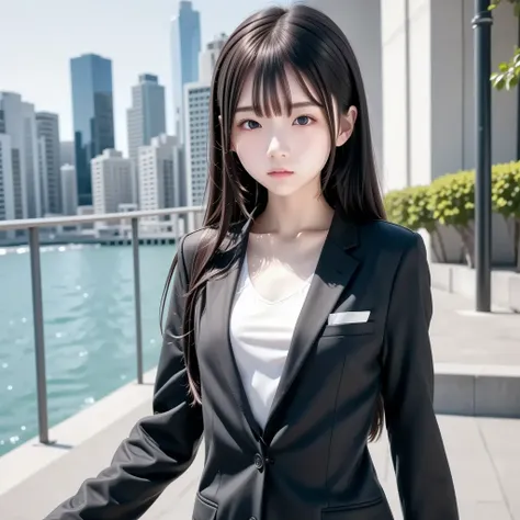 1 girl, solo, SHN realistic,slender body, flat chest, (black hair), perfect face, cute girl, teenager, office, black suit, formal suit, white shirt, long hair , smile