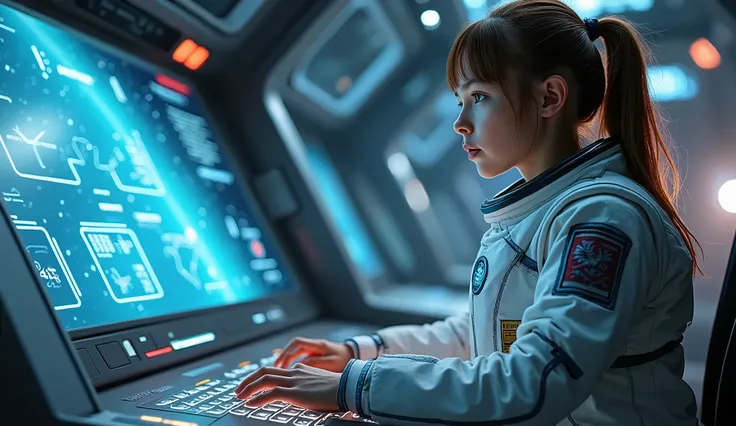 Girl controlling the dashboard of a spaceship 