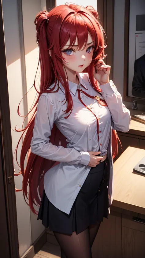  portrait of a beautiful 18 year old petite girl, Redhead, Gorgeous China, Wear cotton panties, At the entrance, ( dark private office , Dark and melancholy light : 1.2)