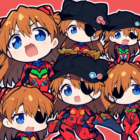  dynamic, Chibi Illustration  、  Neon Genesis Evangelion New Movie Version、 Shikinami Asuka Langley sitting by the wall、 red plug suit、Eye patch、（Cat hat、black）、